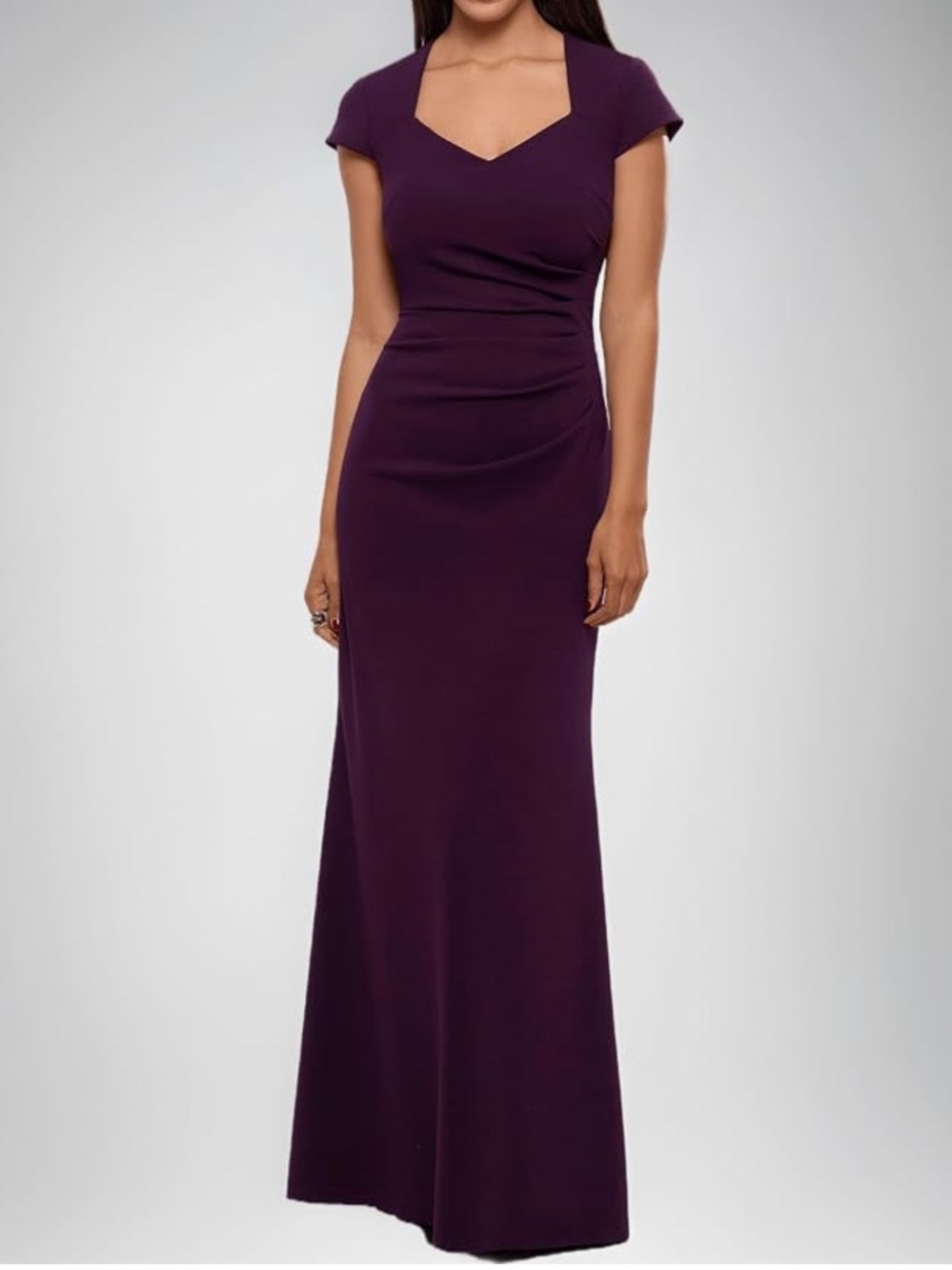 Xscape Cap Sleeve Stretch Scuba Crepe Gown with Cascade Ruffle Back Size 12 NWT